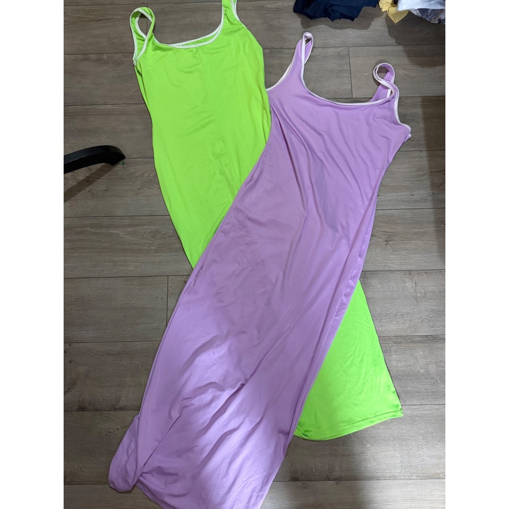 Lot of 2 Neon Green and Lavender Purple Sleeveless Bodycon Maxi Dresses S/M